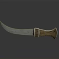 Curved Sharp Blade Weapon With Wooden Handle And Polished Metal Accents