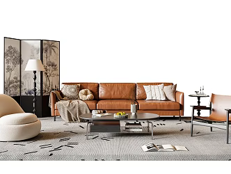 French Middle-style Sofa Coffee Table Combination Multi-person Sofa Leisure Chair Floor Lamp 3d model