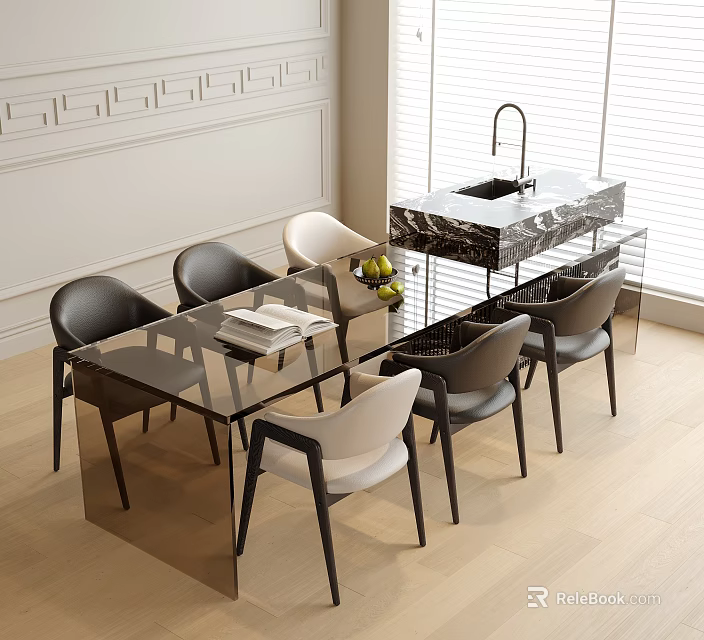 Modern Glass Top Dining Table With Black And White Metal Leg Chairs Set 3d model 