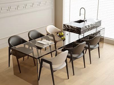 Modern Glass Top Dining Table With Black And White Metal Leg Chairs Set 3d model