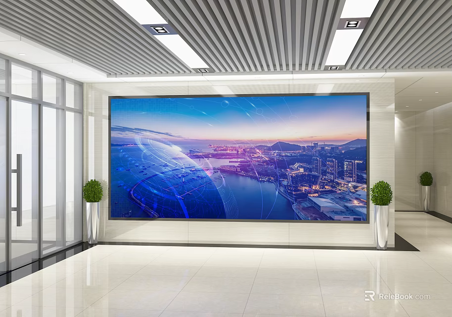 Modern Front Desk Reception Area With Large Display Screen Cityscape Global Map And Green Plants 3d model 