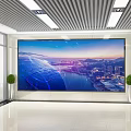 Modern Front Desk Reception Area With Large Display Screen Cityscape Global Map And Green Plants