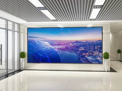 Modern Front Desk Reception Area With Large Display Screen Cityscape Global Map And Green Plants 3d model