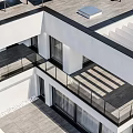 Modern Detached Villa Exterior With Solar Panels Large Glass Windows And Balcony