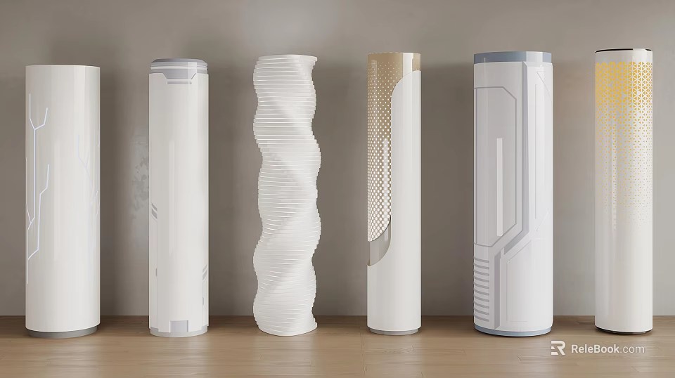 Five White Columns With Wavy Textured And Minimalist Designs On Wooden Floor Against Light Wall 3d model 