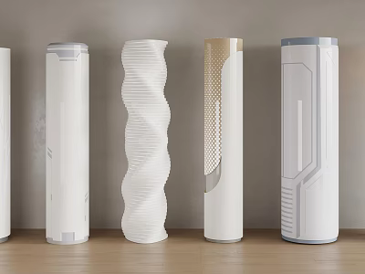 Five White Columns With Wavy Textured And Minimalist Designs On Wooden Floor Against Light Wall 3d model