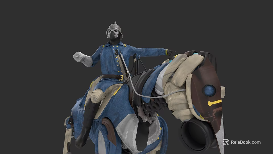 Game and Movie Character Riding Mechanical Horse in Blue Uniform With Helmet and White Gloves 3d model 