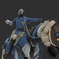 Game and Movie Character Riding Mechanical Horse in Blue Uniform With Helmet and White Gloves