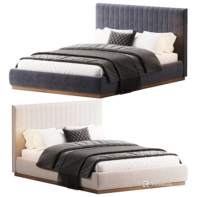 Modern Double Bed With Upholstered Headboard Cozy Bedding Gray White Design And Wooden Frame 3d model 