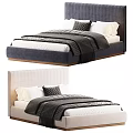 Modern Double Bed With Upholstered Headboard Cozy Bedding Gray White Design And Wooden Frame
