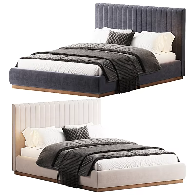 Modern Double Bed With Upholstered Headboard Cozy Bedding Gray White Design And Wooden Frame 3d model