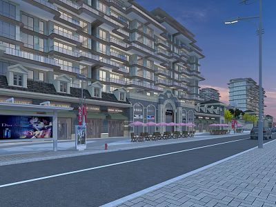 Modern Urban Commercial Street With Multi Story Buildings Shops And Outdoor Seating 3d model