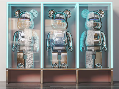 Modern Decorative Figurine Set With Three Illuminated Metallic Robot Bears In Glass Display Cases 3d model