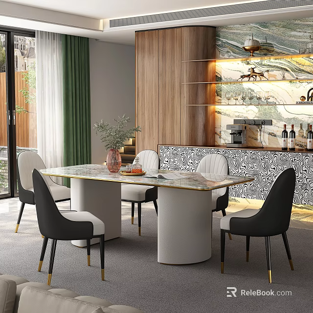 Elegant Restaurant Interior With Marble Dining Table Modern Chairs Green Plants And Wooden Decor 3d model 
