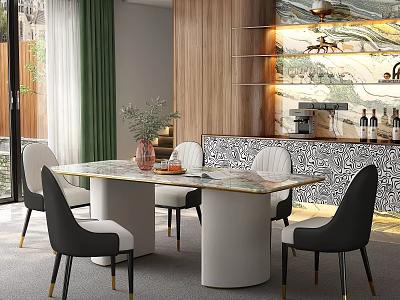 Elegant Restaurant Interior With Marble Dining Table Modern Chairs Green Plants And Wooden Decor 3d model