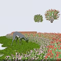 Vibrant Flowering Shrubs in Lush Lawn with Grazing Animal and Colorful Blooms
