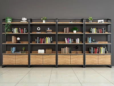 Modern Wooden Bookshelf With Multiple Shelves Cabinets Books Potted Plants And Decorative Items 3d model