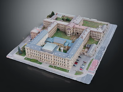 Cartoon Scenery Of Square Building Complex With Central Courtyard Surrounding Roads And Parked Cars 3d model