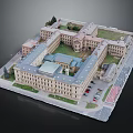 Cartoon Scenery Of Square Building Complex With Central Courtyard Surrounding Roads And Parked Cars