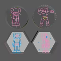 Neon Decorations Featuring Cartoon Bear Patterns In Round Hexagonal Frames And Pink Blue Light Effects 3d model