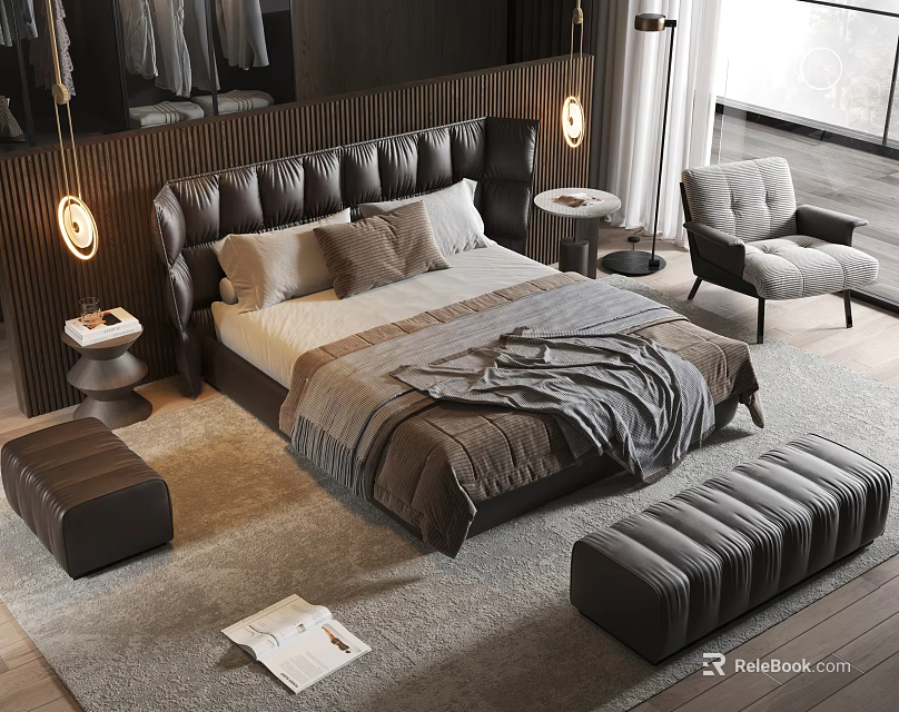 Modern Luxury Double Bed With Dark Leather Headboard Plush Bedding Side Nightstands Chairs And Ottoman 3d model 