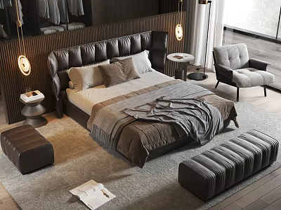 Modern Luxury Double Bed With Dark Leather Headboard Plush Bedding Side Nightstands Chairs And Ottoman 3d model