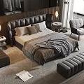 Modern Luxury Double Bed With Dark Leather Headboard Plush Bedding Side Nightstands Chairs And Ottoman