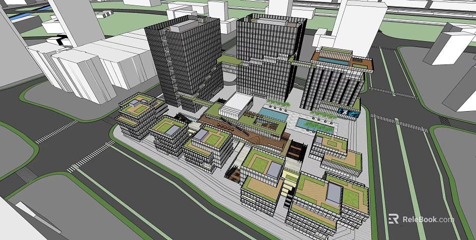 Modern Office Buildings Complex With Green Roofs Courtyards Pool And Connected Structures 3d model