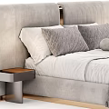 Modern Double Bed With Textured Upholstered Headboard Plush Pillows Throw Blanket And Nightstand