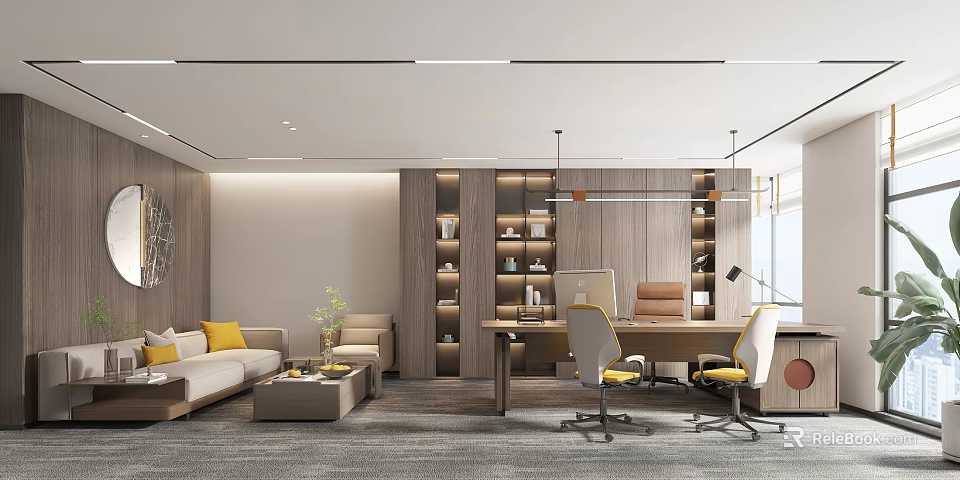 Modern Office Interior Design With Lounge Area Bookshelves Desk And Chairs 3d model 