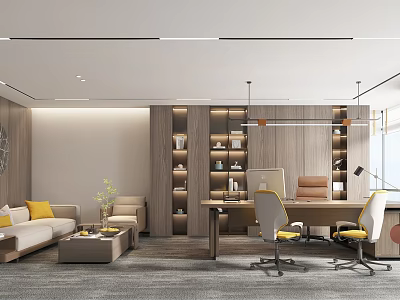 Modern Office Interior Design With Lounge Area Bookshelves Desk And Chairs 3d model