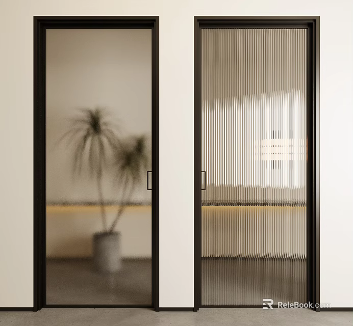 Double Hinged Glass Doors In Modern Interior With Black Frames And Potted Plant 3d model