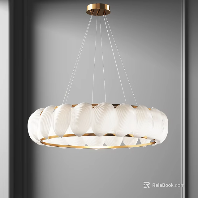 Modern Circular Chandelier With White Petal Shades And Golden Frame Design 3d model 