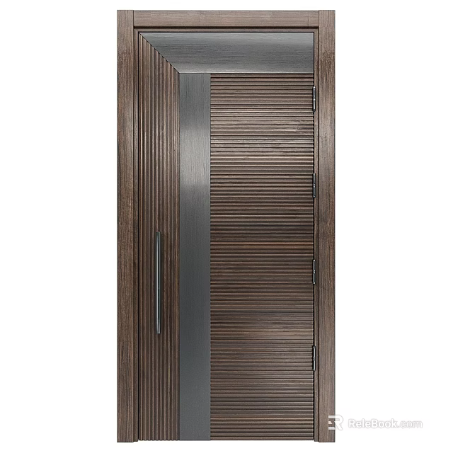 Modern Dark Brown Ribbed Solid Wood Door With Matte Metal Accent And Sleek Long Handle 3d model 