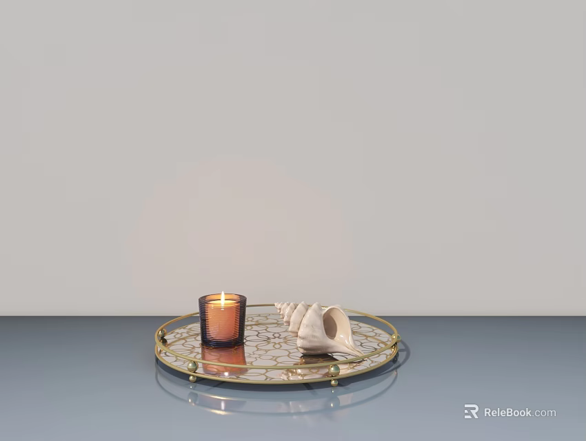 Elegant Swing Door Design With Golden Tray Candle And Shell On Blue Tabletop 3d model 