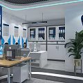 Hi tech Exhibition Hall Featuring Blue Background Circular Platform Display Models And Information Panels