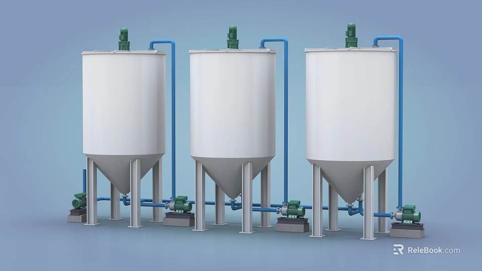 Industrial Equipment Featuring White Tanks With Green Top Devices Blue Pipes And Green Pumps 3d model 