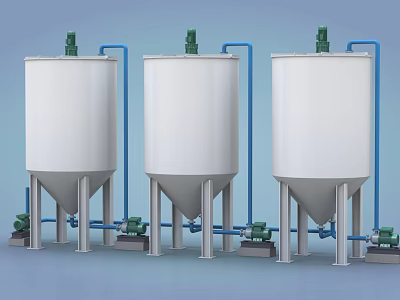 Industrial Equipment Featuring White Tanks With Green Top Devices Blue Pipes And Green Pumps 3d model