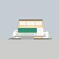 Modern Public Building With Glass Facade Stone Exterior Landscaping Water Feature And Entrance Steps