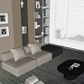 Modern Living Room Interior With White Sofa Cushions Wall Art Wooden Bookshelf And Roller Blinds
