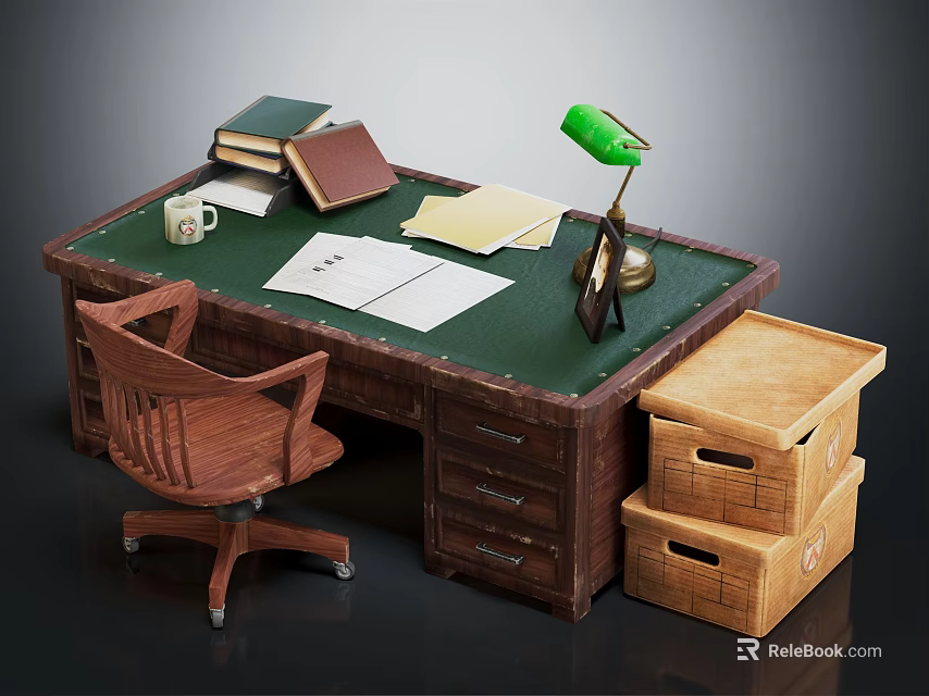 Wooden Office Desk With Green Lamp Coffee Mug Books Papers Photo Frame And Storage Boxes 3d model 