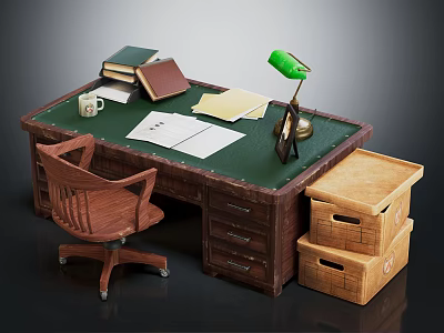 Wooden Office Desk With Green Lamp Coffee Mug Books Papers Photo Frame And Storage Boxes 3d model
