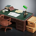 Wooden Office Desk With Green Lamp Coffee Mug Books Papers Photo Frame And Storage Boxes