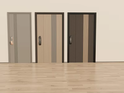 Three Different Security Doors with Gray Light Wood Dark Wood Finishes and Striped Design 3d model