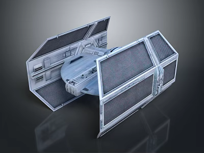 Detailed TIE Fighter Model With Metallic Design Open Wings And Reflective Surface On Dark Background 3d model