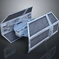 Detailed TIE Fighter Model With Metallic Design Open Wings And Reflective Surface On Dark Background