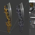 Five Gold And Black Ornate Bladed Weapons With Decorative Intricate Designs