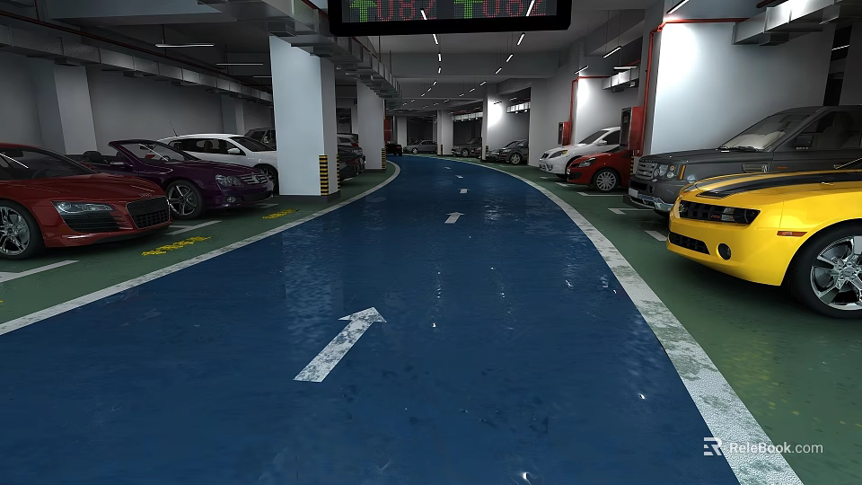 Modern Garage Interior With Blue Floor Directional Arrows Parked Cars And White Pillars 3d model 