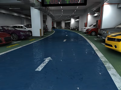 Modern Garage Interior With Blue Floor Directional Arrows Parked Cars And White Pillars 3d model