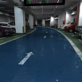Modern Garage Interior With Blue Floor Directional Arrows Parked Cars And White Pillars